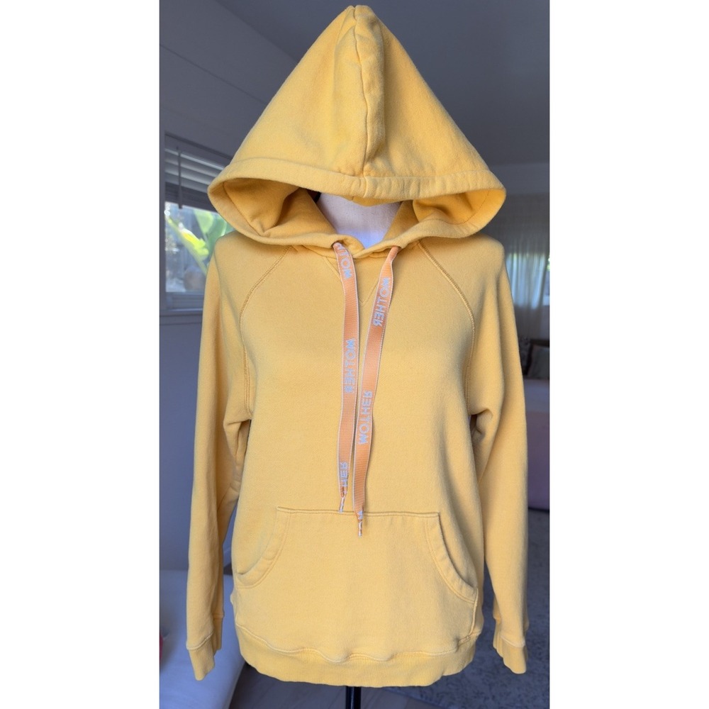 MOTHER Denim The Square Hoodie Size Small Yellow Logo Drawstring Sweatshirt